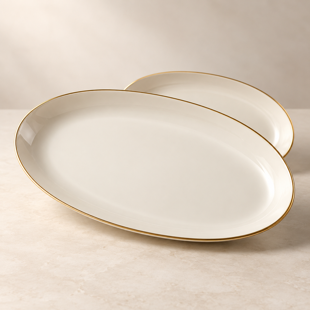 Ivory Gold-Rim Oval Serving Platters – Set of 2