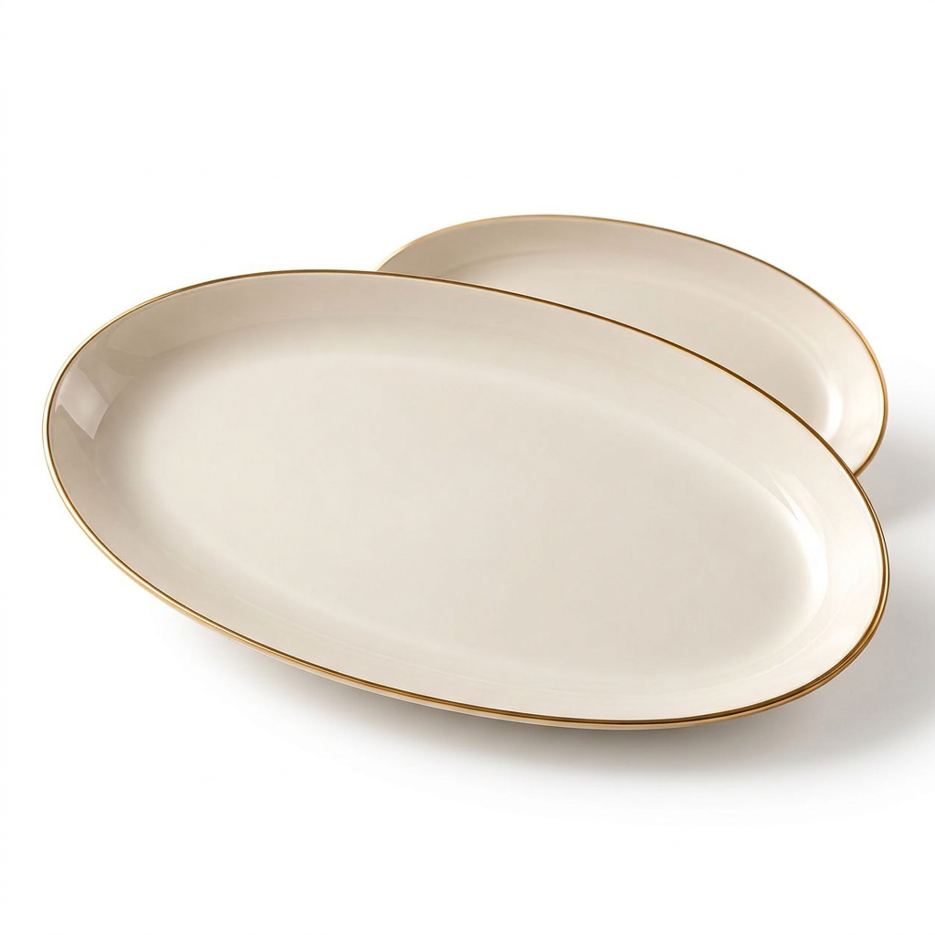 Ivory Gold-Rim Oval Serving Platters – Set of 2