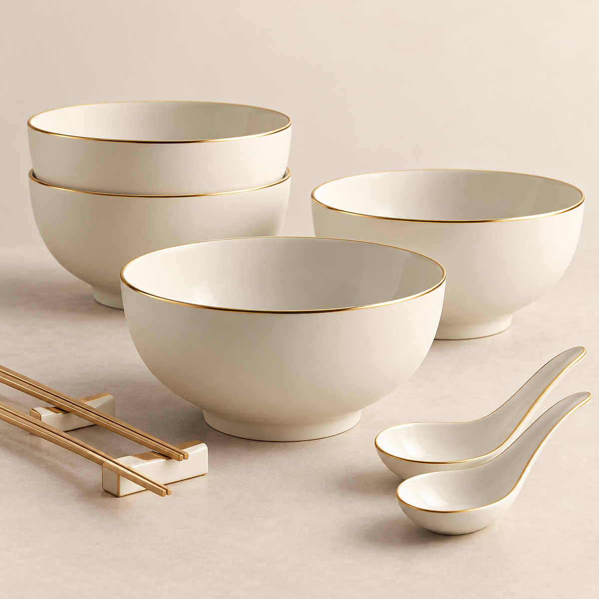 Ivory Gold-Rim Ramen Bowl & Spoon Set