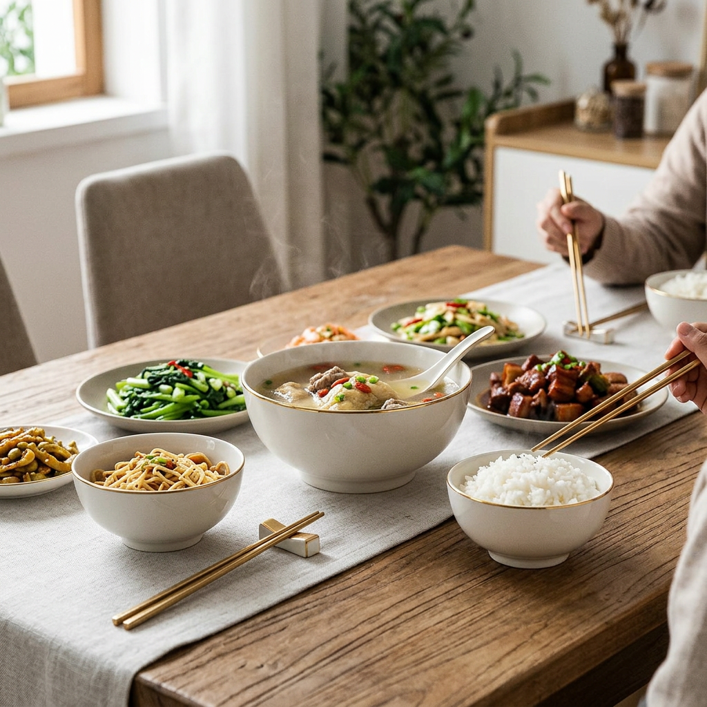 Ivory Gold-Rim Ramen Bowl & Spoon Set