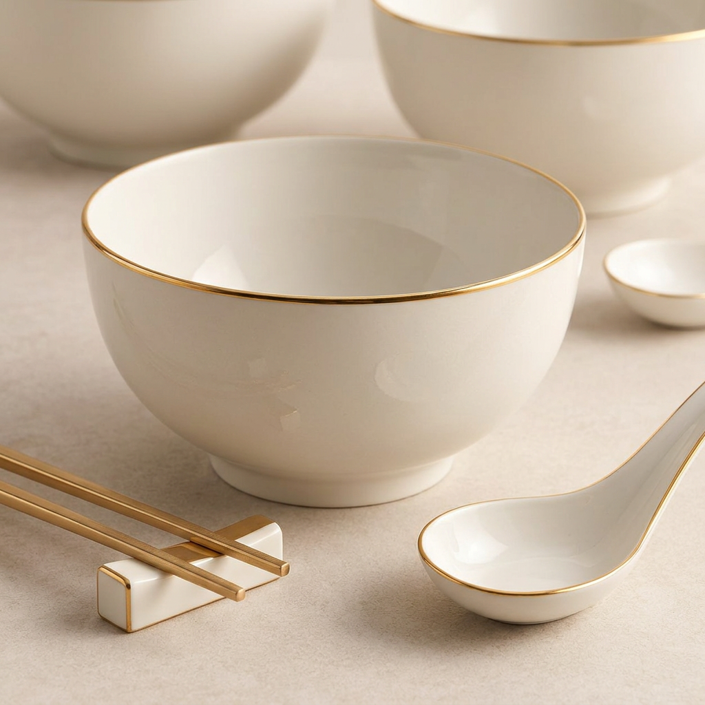 Ivory Gold-Rim Ramen Bowl & Spoon Set