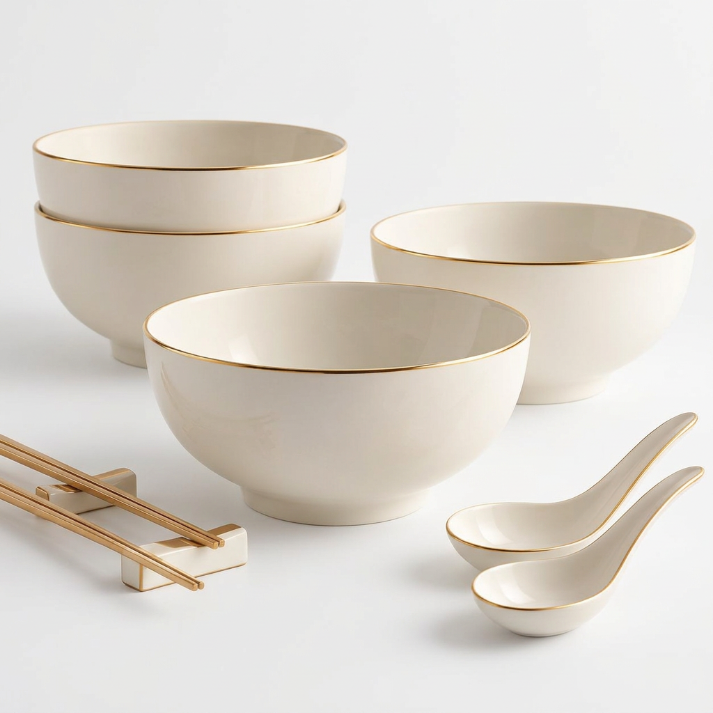 Ivory Gold-Rim Ramen Bowl & Spoon Set